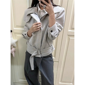 美式正肩绑带毛呢夹克男女冬季痞帅情侣短款工装外套图片