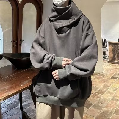 美式潮牌机能风外套高领连帽卫衣男女宽松情侣休闲上衣社恐卫衣潮,女装短外套,星座506A