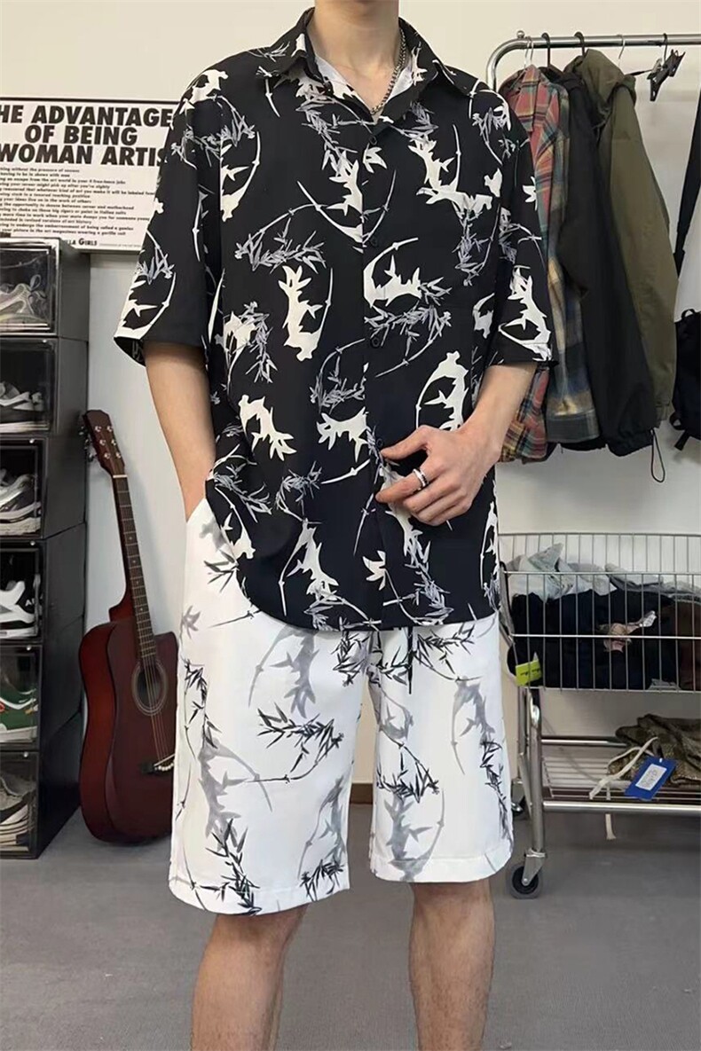 短袖衬衫设计感男休闲套装撞色泼墨印花衬衣短裤两件套TZ103-P43,男装衬衫,电商A178