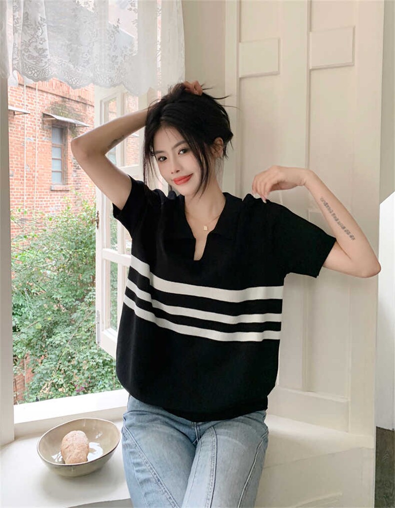 气质时尚简约百搭条纹拼接显瘦2025年夏季针织衫,女装羊毛衫,佳弈羊绒