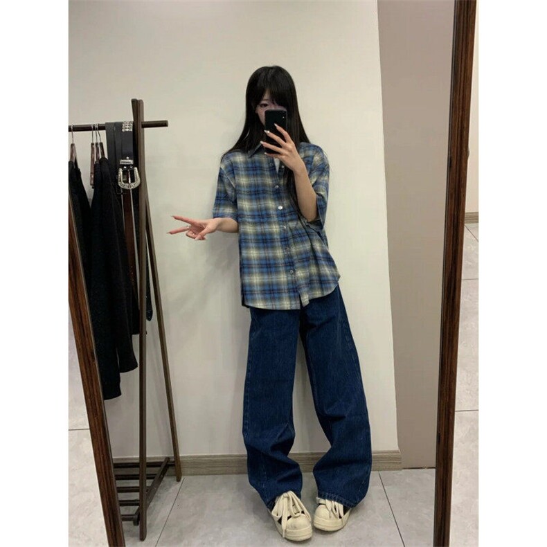 CS02LL-特P35 cleanfit蓝色格子衬衫男设计感短袖衬衣图片