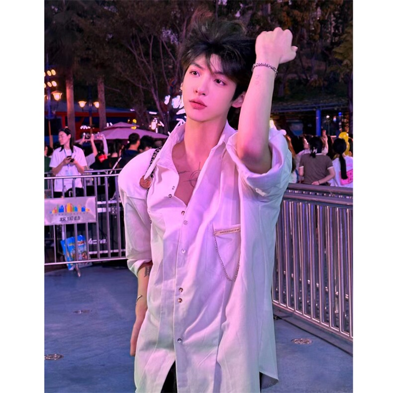 小众立体裁剪长袖衬衫男金属点缀百搭理发师C1167-P45,男装衬衫,星座910-5