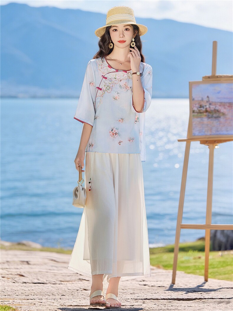 2026年夏季新中式重工刺绣阔腿裤小衫两件套,女装套装/套裙,依路服饰