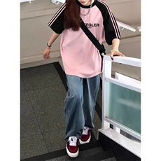 夏季美式高街重磅纯棉三条杠织带插肩撞色男女短袖T恤CZ32-特P25，男装T恤，电商A486