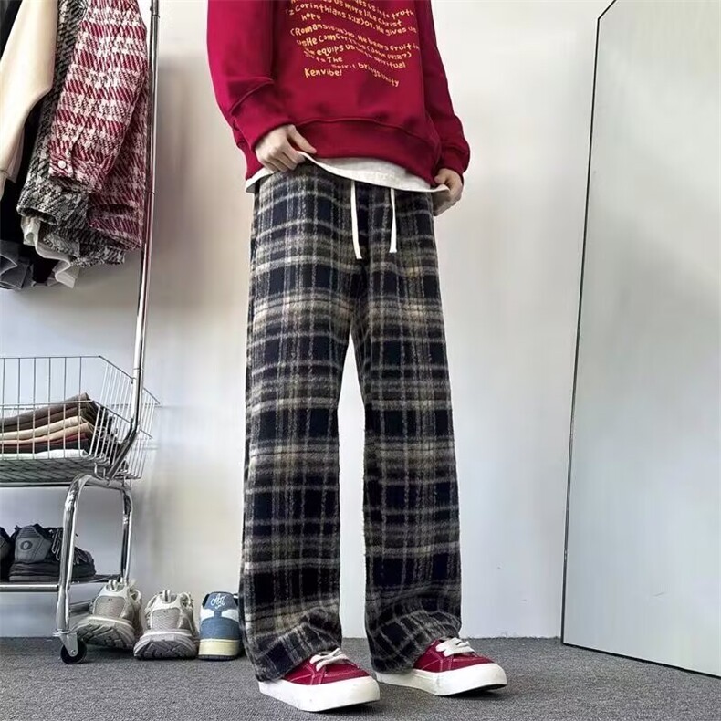 毛呢加绒格子裤女秋冬加绒加厚小个子直筒阔腿裤百搭高腰休闲卫裤,男装休闲裤,星座1013