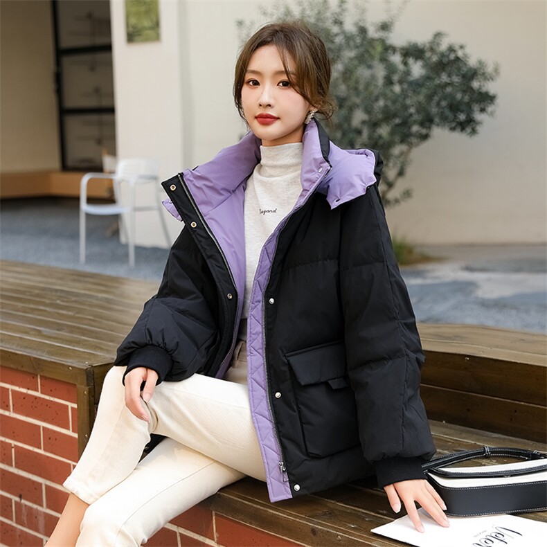 【现货】加厚冬季短款羽绒服女纯色面包服连帽撞色拼接潮,女装羽绒服,梦懿尔