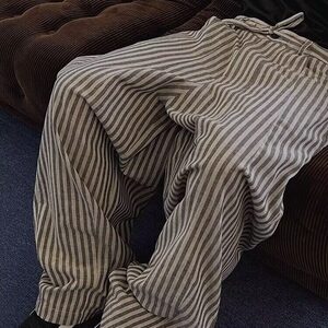 美式复古慵懒松弛竖条纹拖地裤男女港风休闲宽松百搭直筒阔腿裤图片