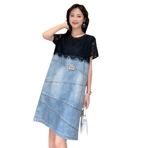 2021夏装新款牛仔裙女韩版夏装蕾丝拼接连衣裙宽松显瘦小个子,女装连衣裙,瑶迪依秀