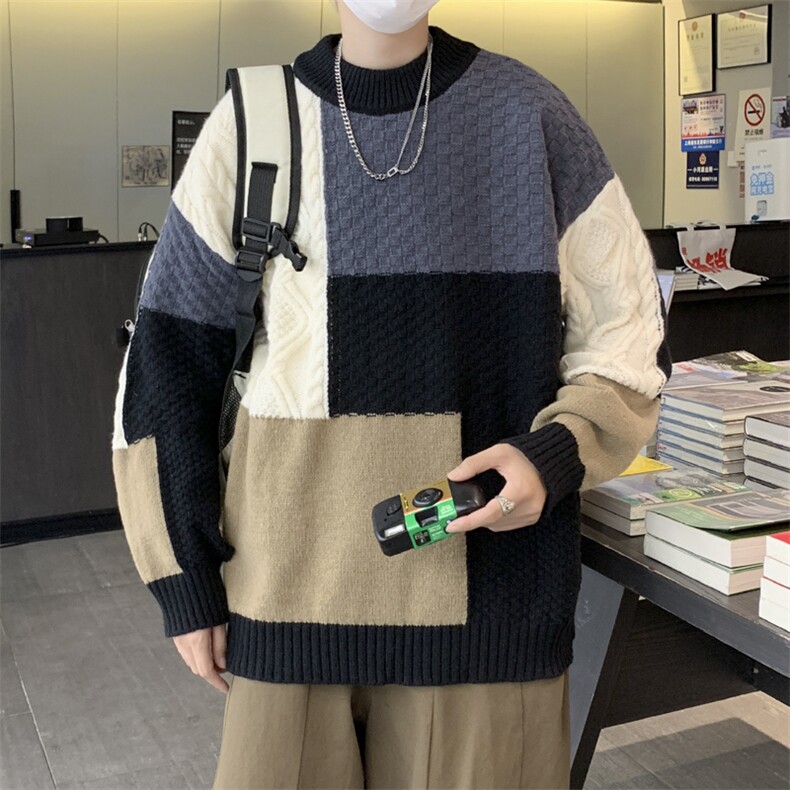 秋冬韩版撞色拼接宽松毛衣外套高街外穿针织衫潮牌线衣M647-P41,男装针织衫/毛衣,星座512-2