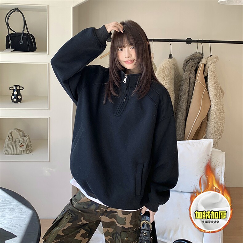 480G重磅加绒硬挺boxy男女秋冬美式高街结构半拉链立领卫衣厚外套,女装短外套,电商A486