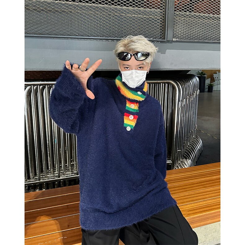 24年撞色条纹领毛衣男女秋冬季设计感彩虹高领情侣上衣M9583，男装针织衫/毛衣，星座601-2