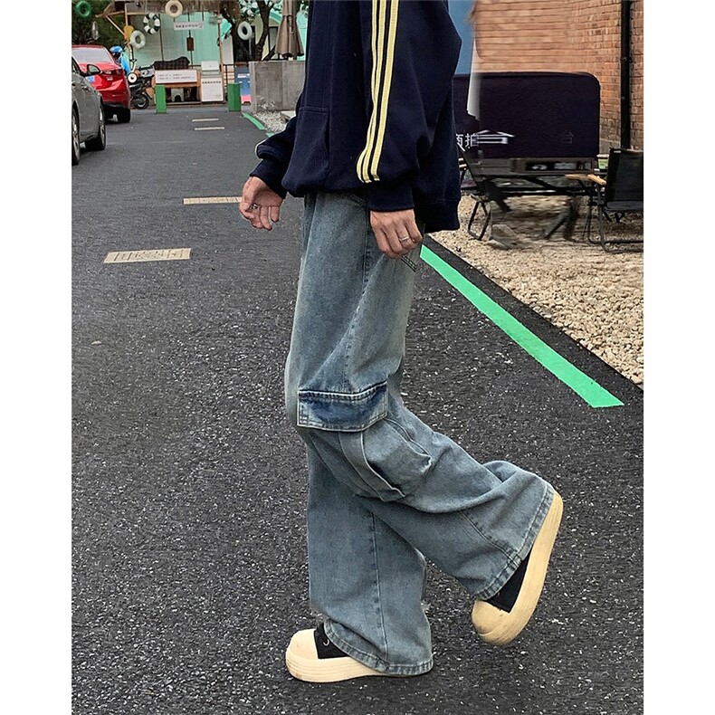 阔腿工装牛仔裤男潮牌大口袋水洗复古高街拖地长裤S611-P55,男装牛仔裤,星座1001-1