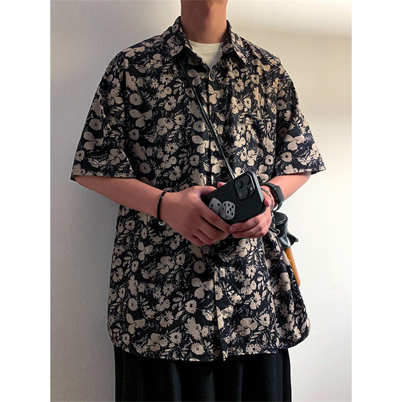 美式复古沙滩碎花设计感短袖衬衫男衬衣外套DX101-特P30限价48,男装衬衫,电商A178