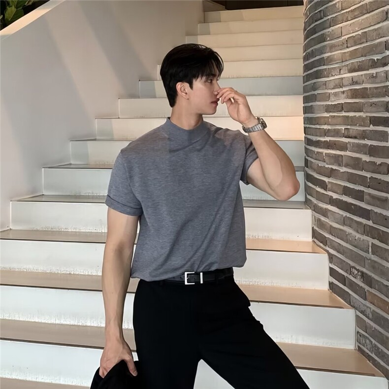 半高领套头针织T恤男士型男短袖毛衣潮流修身打底半袖衫Z09,男装T恤,星座1116A（原606A-3）