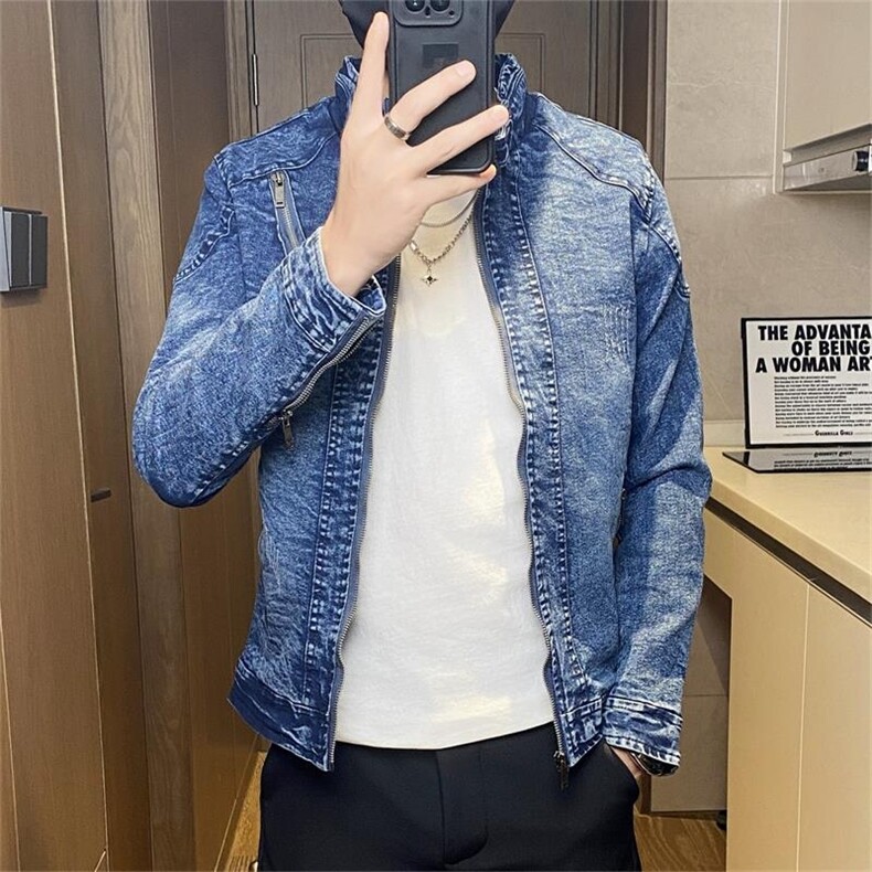 JK1823-P100牛仔外套男水洗复古立领机车夹克青年帅气修身牛仔衣,男装工装外套,电商D310B-1