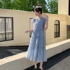 法式甜美减龄连衣裙女2025夏季新款韩版收腰显瘦圆领a字裙
