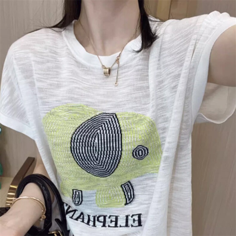 2025新款夏季薄款冰丝针织短袖女设计感洋气字母印花T恤百搭上衣，女装T恤，奢优羊绒