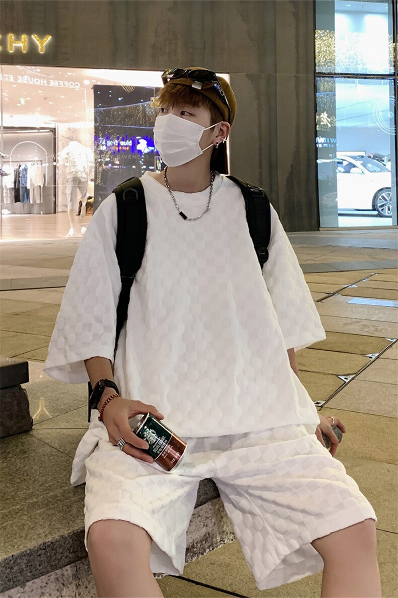 TZ84647/P60夏季新款格子短袖短裤t恤休闲宽松大码两件套套装男,男装休闲套装,电商A141