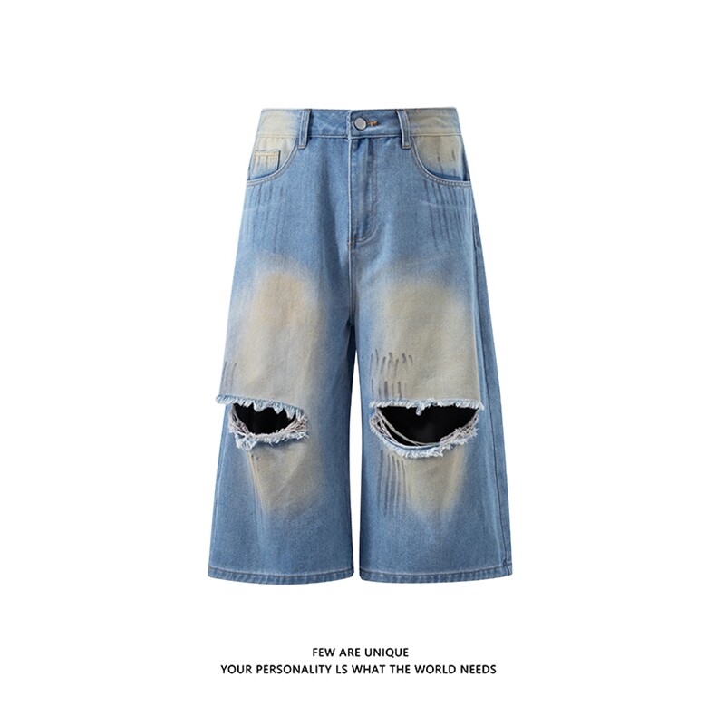 白底夏季水洗做旧破洞牛仔短裤男阔腿七分裤子-A2142P48控78，男装牛仔裤，电商B241