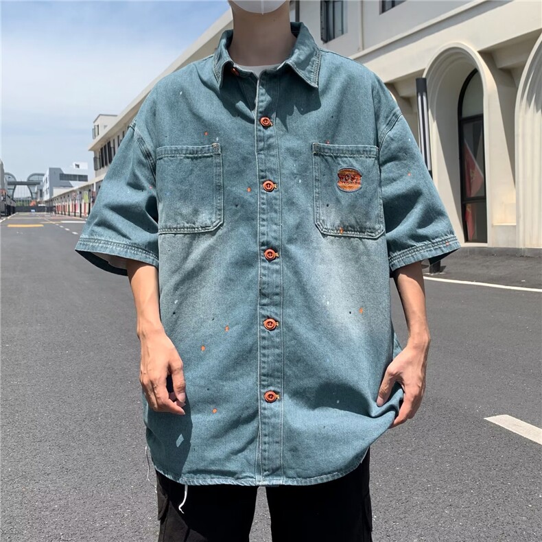 夏季短袖牛仔衬衫男港风日系小众设计感休闲宽松半袖外套C983p55,男装衬衫,星座1013