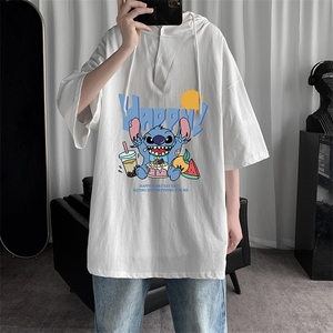 LD54077-P45 连帽短袖t恤男大码胖子带帽五分袖中袖图片