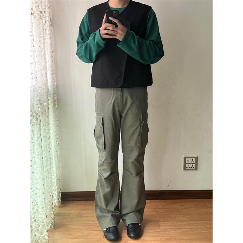 网络图美式高街大口袋褶皱微喇工装休闲裤A04-特P55,男装休闲裤,电商B369（原A024）