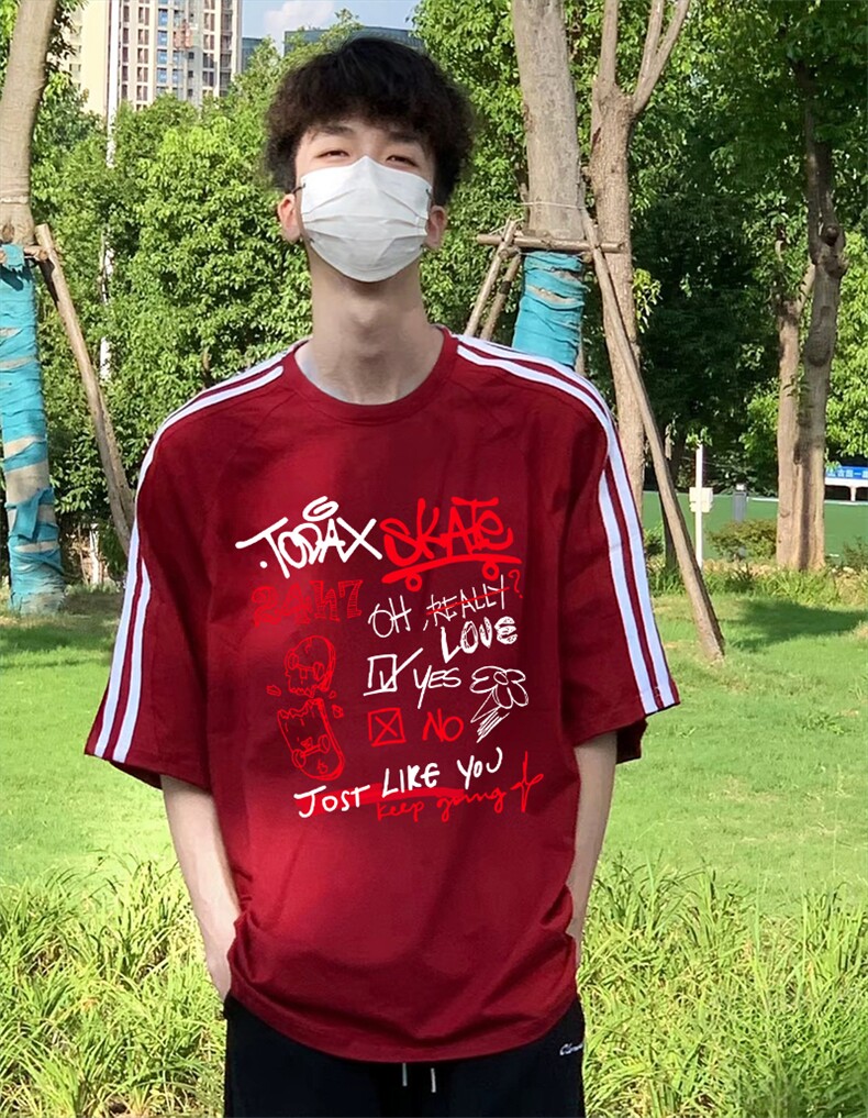 抖音得物高品质二开240克宽松纯棉美式潮牌三条杠织带短袖T恤,男装T恤,电商A486-1
