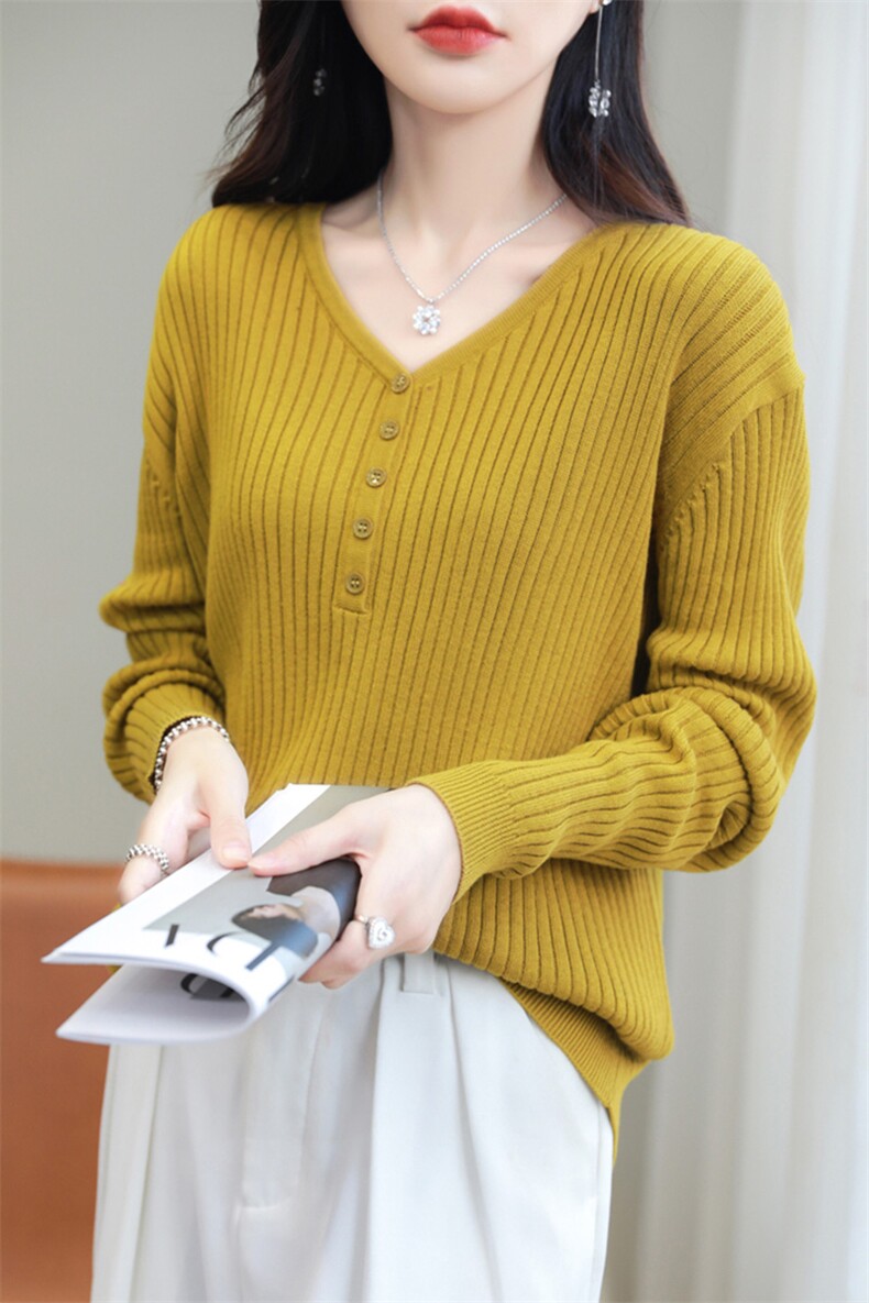 纯棉线针织衫女秋季V领套头长袖毛衣打底衫坑条显瘦外穿上衣,针织衫/毛衣,品高羊绒