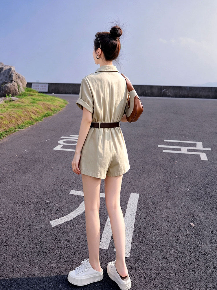 （新款现货）2026夏装时尚莱赛尔天丝棉麻工装连体短裤（配腰带）,女装连体裤,印象茜