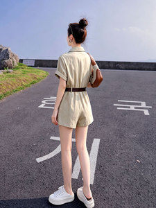 （新款现货）2026夏装时尚莱赛尔天丝棉麻工装连体短裤（配腰带）图片