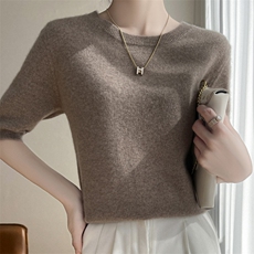 云朵般软糯!衫半袖女纯色宽松圆领短袖打底五分袖毛衣，女装T恤，轩妮羊绒
