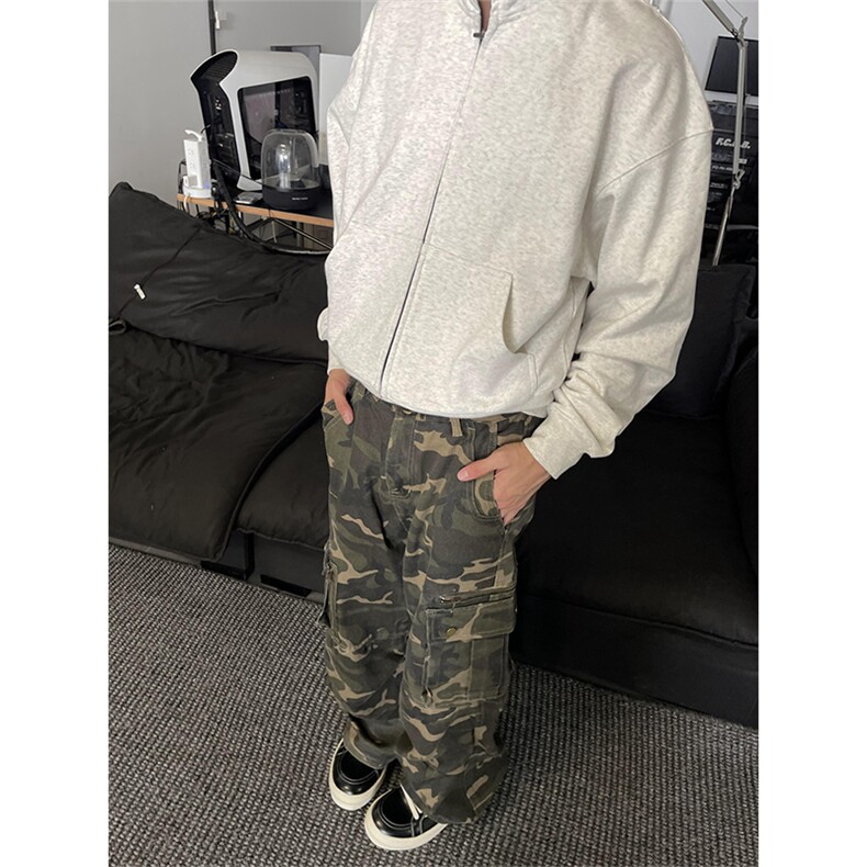 K843-特P58秋冬男女同款迷彩工装裤复古水洗宽松直筒拖地裤,男装工装外套,电商B327