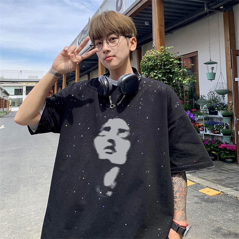 可48小时发货支持抖音得物来样二开美式满天星亮片短袖T恤MTX671,男装T恤,电商A486