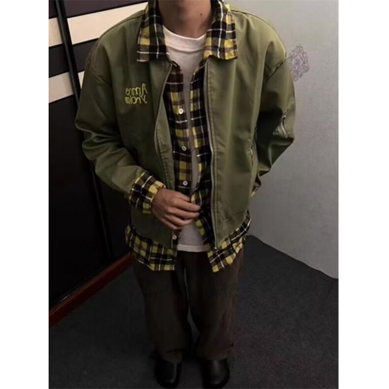 美式复古情侣款拼接格子假两件外套春秋高级感百搭痞帅男女上衣,女装短外套,四季星座505