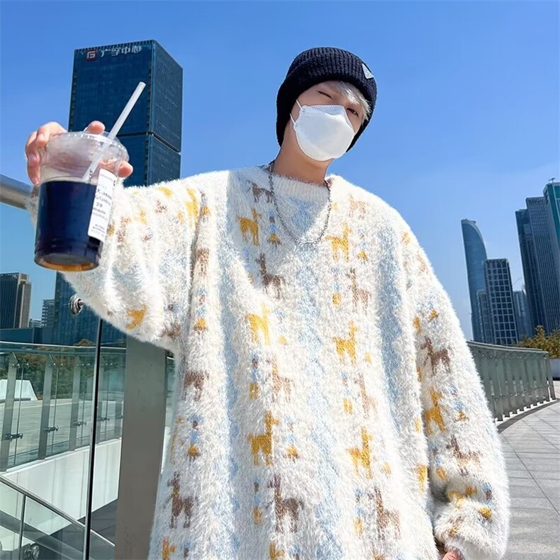2024秋冬刺绣圆领毛衣男女复古宽松情侣百搭针织线衣,男装针织衫/毛衣,星座716-4