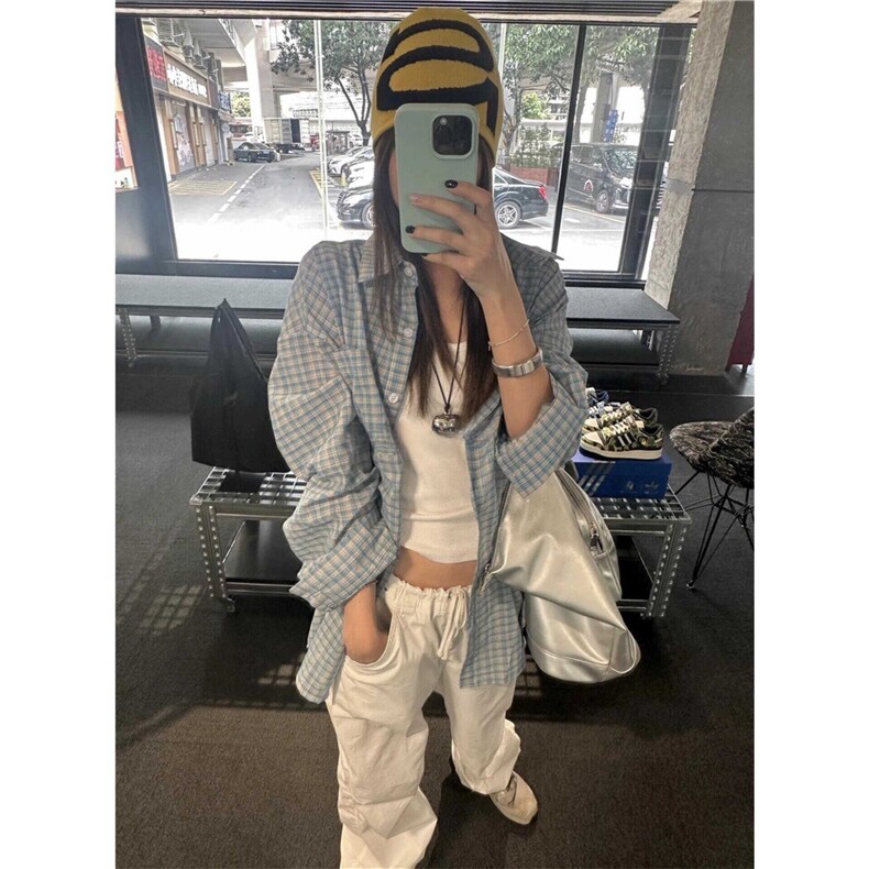 蓝色格子衬衫上衣男女2024新款夏季薄款慵懒休闲宽松衬衣防晒外套,男装衬衫,星座506A