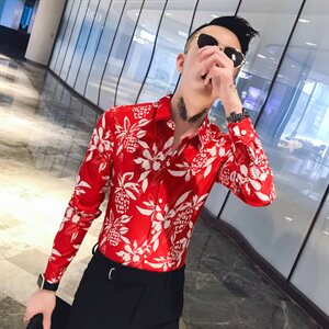 312A-741-P50 2021 秋季波罗印花修身长袖衬衫男夜店发型师衬衣图片