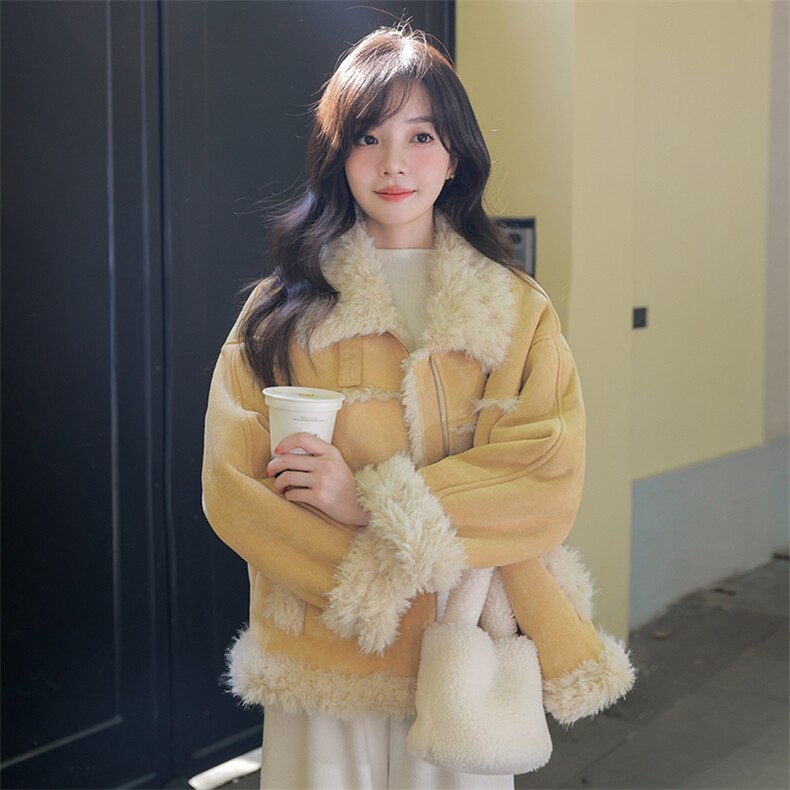 温柔风羊羔毛短外套女冬季2025新款韩系加绒加厚毛茸时髦保暖棉衣,女装棉衣/棉服,2C122