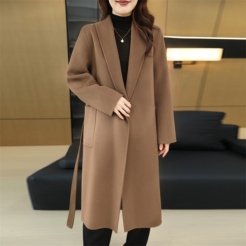 羊毛呢子大衣女中长款秋冬2024新款简约大气,女装双面呢大衣,鹿展羊绒大衣