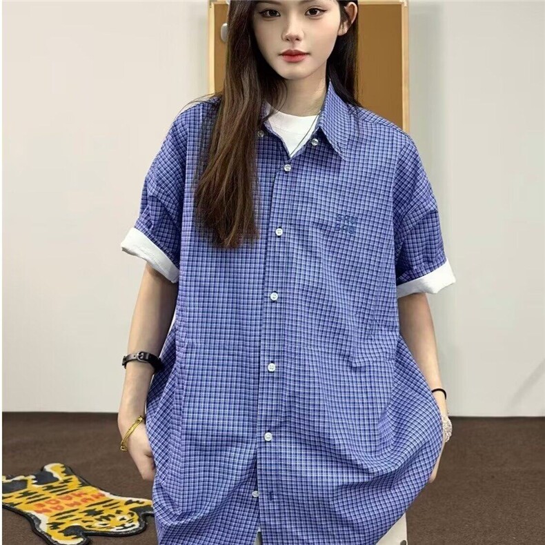蓝色格子短袖衬衫女男夏季2025新款设计感小众宽松港风穿搭休闲,男装衬衫,星座506A
