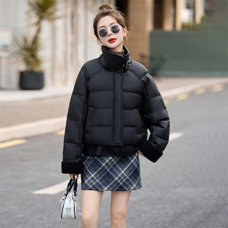 时尚潮流女装PU皮拼接仿羊羔毛翻领白鸭绒羽绒服显瘦保暖外套,女装羽绒服,采品优优