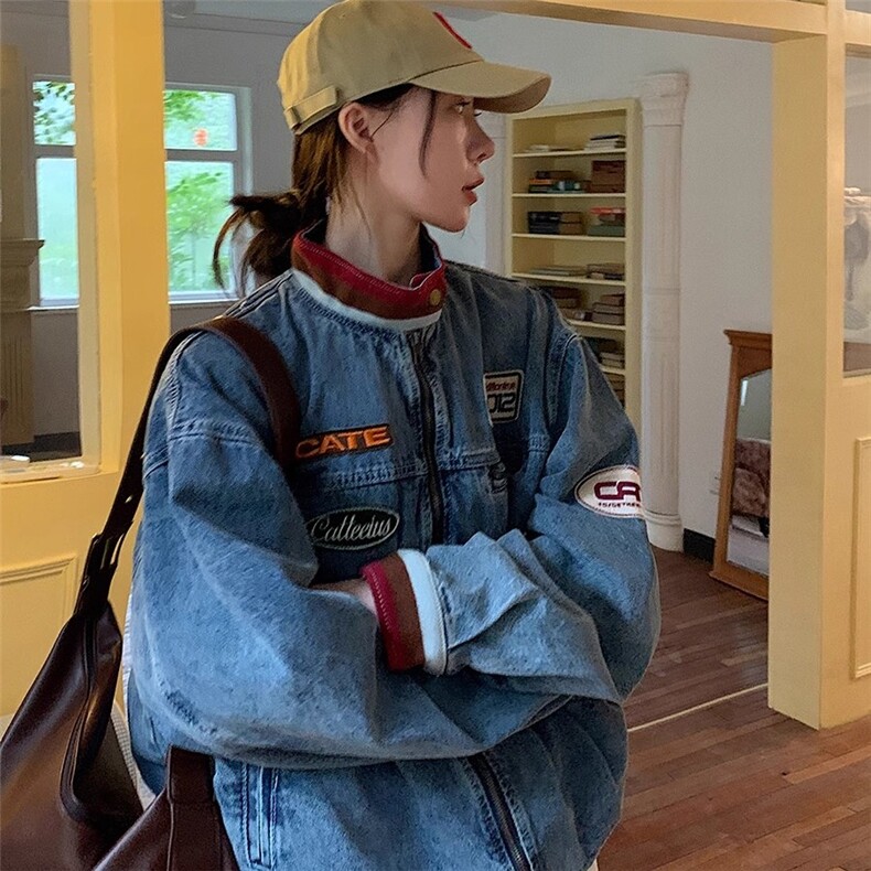 潮牌美式复古立领做旧情侣牛仔外套男春季贴布机车赛车服夹克上衣,男装工装外套,星座1210-1