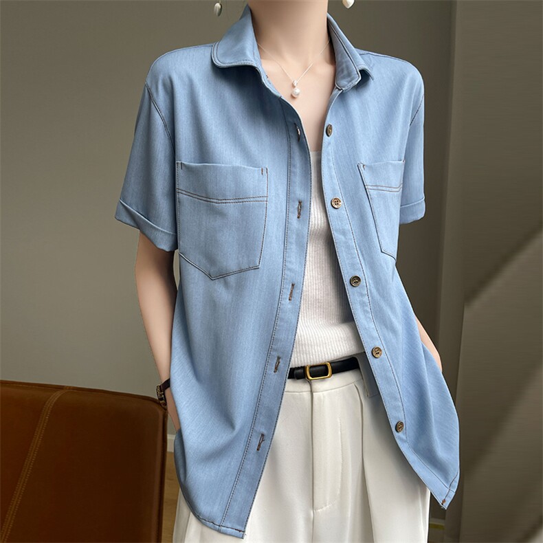 2025年夏季修身型短袖单排扣POLO领醋酸妞牛仔时尚百搭，女装牛仔外套，佳绒高端店