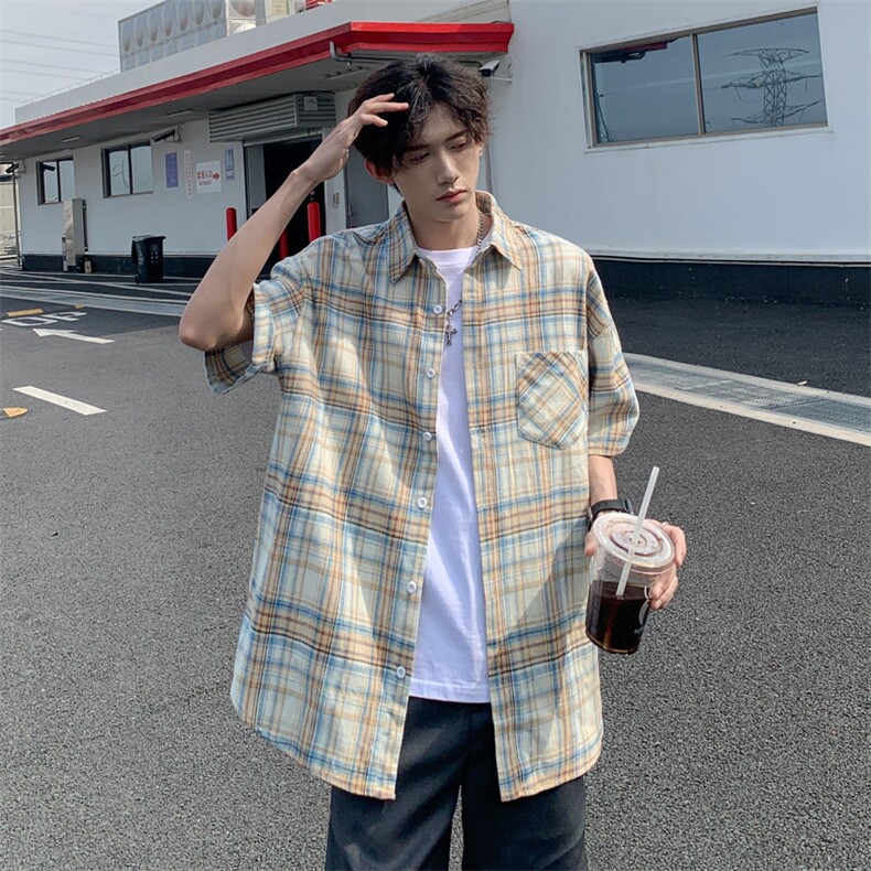 格子衬衫男士短袖港风潮流日系帅气2024夏季新款ins外套CY793-P30,男装衬衫,星座412-3