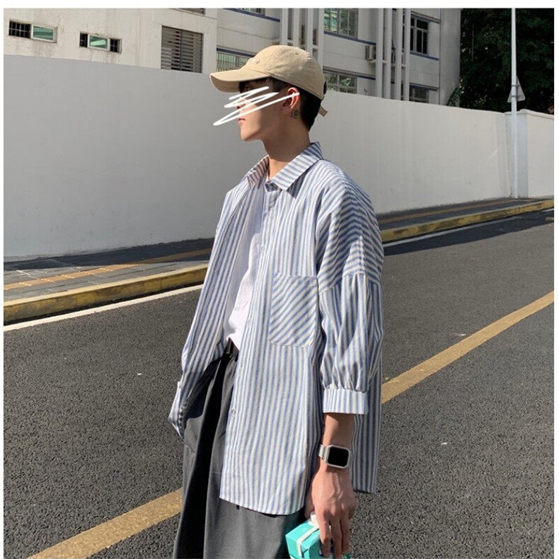 条纹七分袖衬衫日系休闲港风情侣衬衣D325C26P40,男装衬衫,电商D325