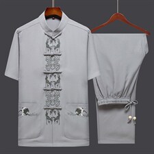 2023夏季新款唐装男士风套装短袖中年复古盘扣宽松舒适两件套，男装民族服装，电商B212（原钱塘6029）