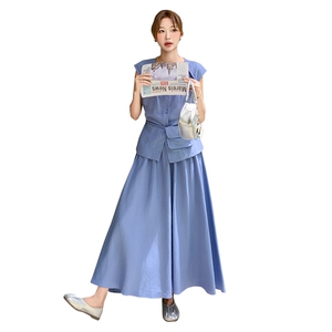 蓝色法式休闲套装裙女2025新款夏日绝美气质无袖上衣半身裙两件套图片