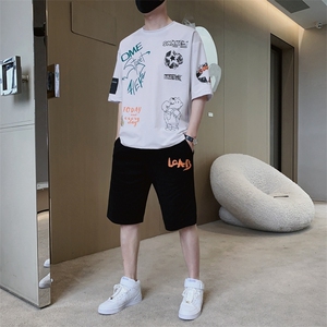 夏季新款短袖T恤套装青少年宽松潮流两件套吸汗透气男装F307P58图片