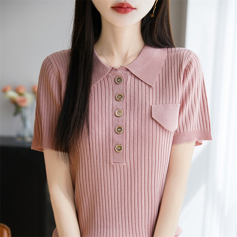 POLO坑条短袖t恤女夏季2025新款打底衫洋气大码女装冰丝针织上衣,女装T恤,皓宇羊绒