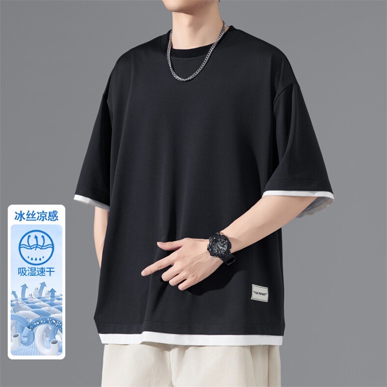 假两件短袖T恤男生夏季薄款青少年港风复古潮牌宽松大码中袖衣服,男装T恤,电商A022